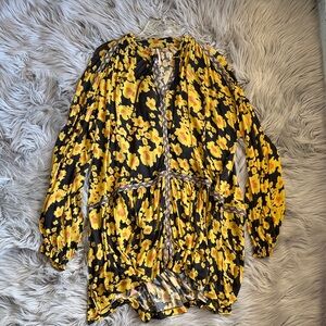 Free People Yellow and Black Floral Tie-Neck Blouse/Dress